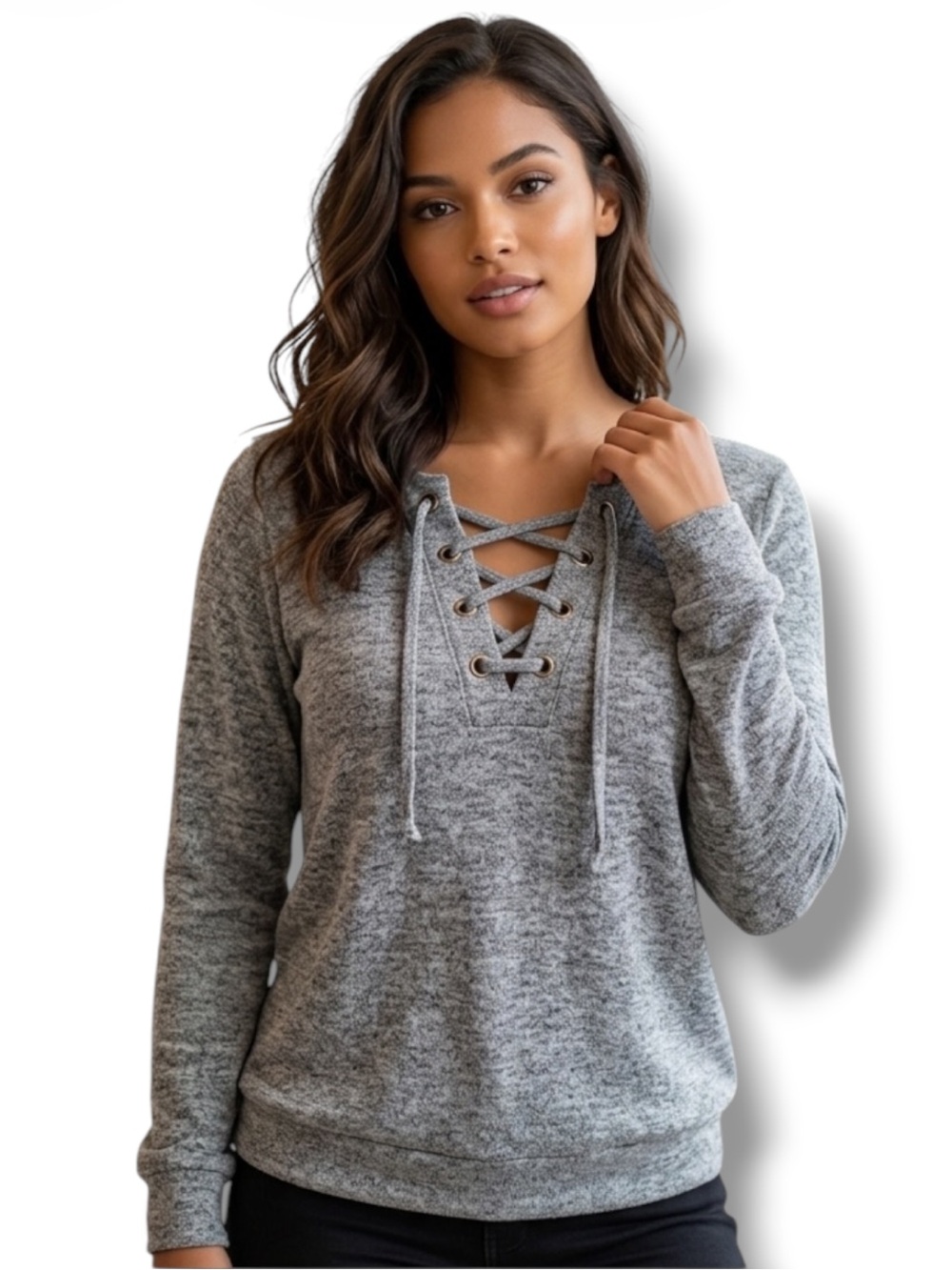 Hippie Rose Gray Marled Knit Lace Up Top Boho V-Neck Size S EUC